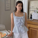 Sweet Sling Vest Female Summer Small Blue Striped Butterfly Lace-Up Slim Slim Age Jacket-Outfit