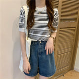 Fongt New Korean Version Of Simple Retro Slimy Loose T-Shirt Small Thin Striped Short-Sleeved Knitted Top
