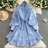 Fongt High-End Elegant Women's Dress Women's Court Style Strap To The Waist Hollow Embroidery Single Buckle A-Character Skirt