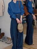 Fongt Blue Collar Long-Sleeved Knitted Bottom Shirt Women's Autumn And Winter Loose Short Sweater With Temperament Small Top