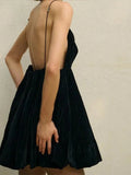Velvet V-Neck Backless Strap Mini Dress-Outfit
