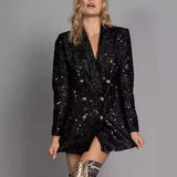Fongt Fashion V-Neck Temperament Blazer Double-D Row Black Brighten Long