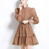 Fongt Elegant Bubble Sleeve Lace Splicing Mesh Dress Women's Court Collar Lantern Sleeve A-Word Skirt