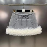 Grey Drawstring Frill Tulle Trim Mini Skirt-Outfit