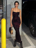 Print Maxi Dress Spaghetti Strap Back Split Vintage Sling Dress 2023 Summer Lace-Up Bodycon Dresses for Women Party