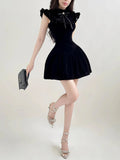 Ruffle Sleeve High Neck Velvet Black Mini Dress-Outfit