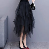 Fashion Mesh Irregular Cupcake Patchwork Midi Skirt 2023 Korean Casual Commute All-match Elastic High Waist A-Line Skirt-Outfit