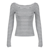 Fongt Stripe Color Long-Sleeved T-Shirt Women's Shoulder Foundation Versatile Slim Thin Bottom Top-Outfit