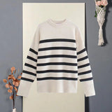 New Fashion Casual Round Collar Loose Stripe Fat Sleeve Knit Women's Top-Outfit