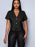 Fongt Solid Color V-Neck Metal Button Asymmetrical Sleeve Shirt