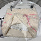 White Plush Faux Fur Pink Stripe Mini Skirt-Outfit