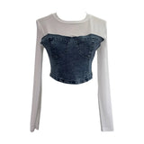 Fashion Fake Two Denim Splicing Mesh Long Sleeve Top Short Open Umbilion T-Shirt