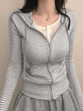 Fongt Fresh Sweet Spicy Wind Striped Hooded Collar Jacket With Thin Short Cardigan Long-Sleeved Top Autumn Dress New