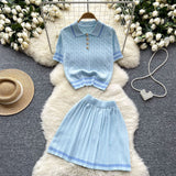 Fongt New Knitted Shirt Two Sets Of Women Retro Short-Sleeved Top + High-Waisted Folded Skirt