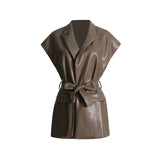 Fongt 2024 New Fashion Retro Handsome Lapel Belt Waist Show Thin Pu Vest Long Folded Vest-Outfit