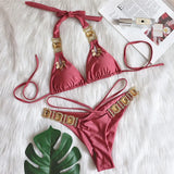 Fongt New Bikini Sexy Crystal Diamond Bandage Solid Color Split Women's Swimsuit