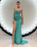 Blue Rhinestone Crop Corset And Maxi Slit Skirt Set-Outfit