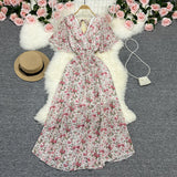 Fongt Wind Temperament Sweet Broken Flower V Collar Dress Beach Vacation Snow Spinning A Word Long Skirt-Outfit