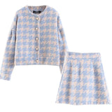 Sweet Women Pearl Button Check Gingham Plaid Blazer High Waist A line Mini Short Skirts Long Sleeve Suits 2 Pieces