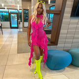 Halter Fringe Flower Mesh Midi Dress-Outfit