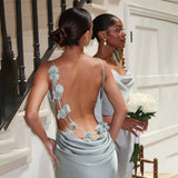 Fongt Summer Satin Temperament Condole Back Sexy Slim Evening Dress