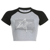 Metal Five-Pointed Star Spliced Collision Color Short-Sleeved T-Shirt New Slim And Slim Jacket For Spring And Summer 2024-Outfit