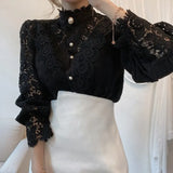 Sleeve Stand Collar Hollow Out Flower Lace Patchwork Shirt Femme Blusas All-match Women Lace Blouse Button White Top