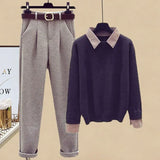 Winter Warm Matching Suits For Womens Knitted Sweater+parkas Vest+tweed Pants Sets Office Ladies Elegant Three Pieces