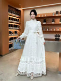 Fongt Small Vintage Hollow Lace Splicing Strap Belt Lantern Sleeve Dress Female Court Long Dress
