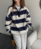 Vintage Polo Collar Striped Oversized Tee-Outfit