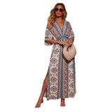 Fongt Women's Spring-Summer Printing Long-Sleeved Print V-Neck Dress Women