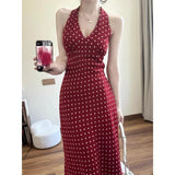 Fongt Casual Temperament Wave Point Print Hanging Neck V-Neck Dress Korean Waist Thin Dress