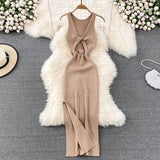 Fongt Sexy Round Neck Kink Solid Color Vest Knit Skirt Front And Back Two Wear Elastic Tight Wrap Hip Dress-Outfit