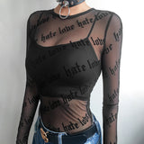 Fongt Letter Personality Print Perspective Sexy Mesh Long Sleeve T-Shirt Top Female-Outfit