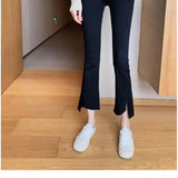 Fongt Fork Micro Bell Pants Female Irregular Edge Nine Pants Autumn New High Waist Show Thin Eight Pants Elastic Pants-Outfit