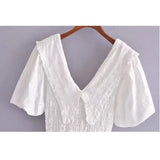 2022 New Women's Fashion Retro Bubble Sleeve Large V-neck Embroidery Hollow Elastic Waist
