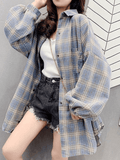 Checkered Baggy Long Sleeve Button Blouse-Outfit