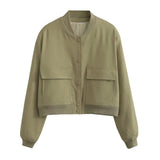 Fongt Color Jacket 2023 Stand Collar Double Pocket Solid Color Locomotive Ker Pilot Jacket Cotop Female-Outfit