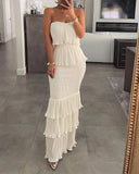 Fongt Fashion Sexy Temperament Women's Pure Color Sleeveless Breasts To Take The Folding Lotus Leaf Side Dress