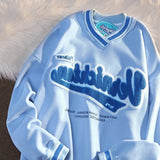 Embroidered Letter V-Neck Sweatshirt Womens Autumn And Winter New Loose Harajuku College Pullover Couple Tops