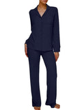 Long Sleeve Button Down Ribbed Knit Pajamas Set-Outfit