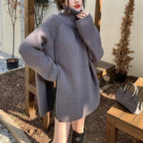 Fongt Winter New Design Sense Small Chic Side Open Zipper Lazy Loose Casual Version Irregular Long Sweater-Outfit