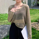 New Summer Style Thin Hollowed-Out Sweater Women's Round Collar, Long Sleeves, Loose Jackets, Fashion Blouses-Outfit