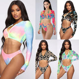 Fongt New Tie-Dye Multi-Color Print Long Sleeve Split Bikini