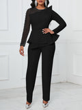Fongt New Long-Sleeved Temperament Mesh Splicing Nail Beads Thin Banquet Large-Size Jumpsuit