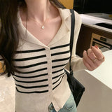 Collar Striped Minority Knitted Cardigan Women's Autumn And Winter New Slim Long-Sleeved Bottom Sweater Jacket-Outfit