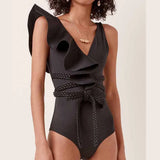 Solid Color Heavy Industry Pressure Line Lotus Edge Rope Belt Banding Swimsuit Women 2025 New