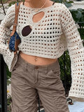 Hollow Out Long Sleeve Knit Crop Top-Outfit