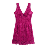 Fongt 2025 New Fashion Sexy Deep V Collar Small Bow Decorated Lace Lace Waist Dress Dress