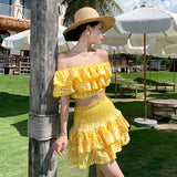 Vacation Wind One Word Shoulder Short Jacket Wrapped Hip Cake Skirt Women Summer Seaside Vacation Two-Piece Set-Outfit